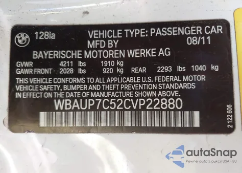 2012 BMW 128I z USA, uszkodzony, nr VIN WBAUP7C52CVP22880